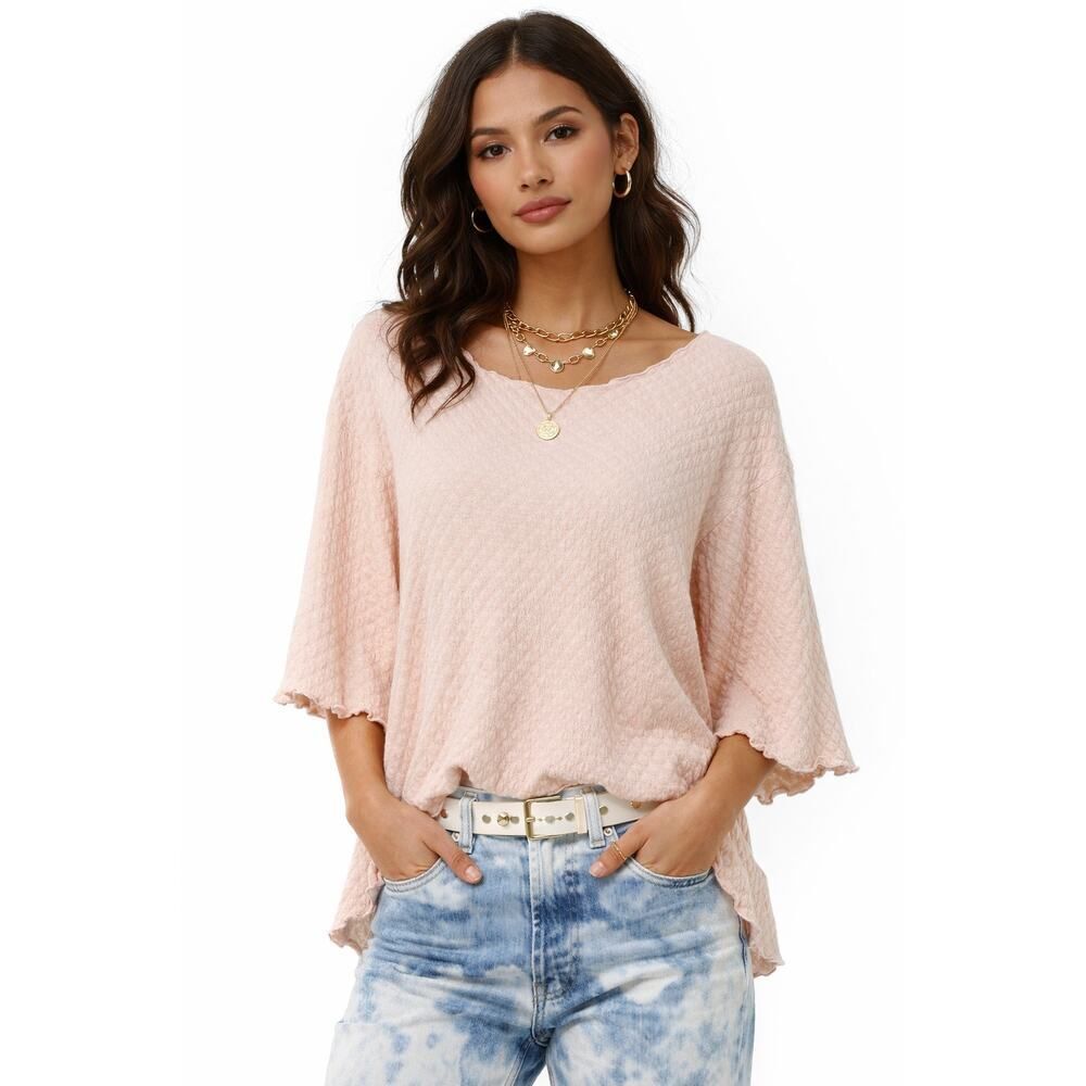 HAYSTACKS Women's Textured Cotton Blend Lettuce Hem Top Pink Size Medium